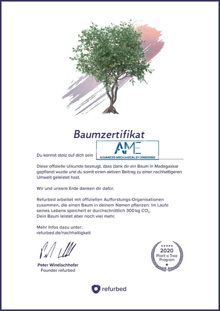 Zertifikat über die Pflanzung eines Baums durch den Kauf eines aufbereiteten Handys